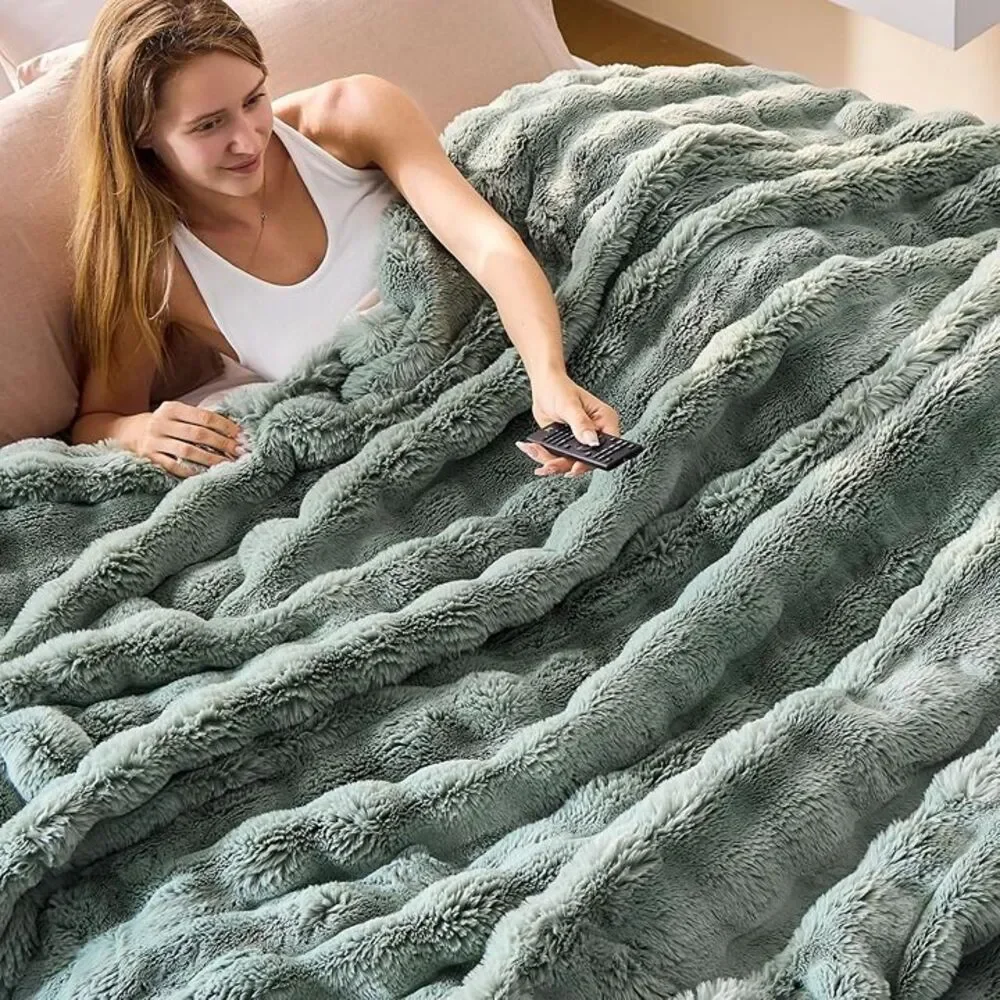 Cozy Faux Rabbit Fur Bubble Blanket Throw Size,Green,50